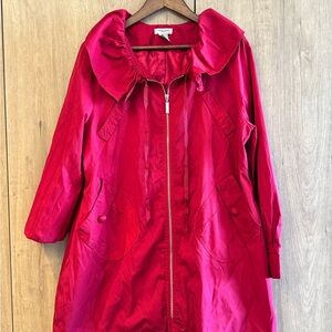 Vintage Vertigo Paris Women's Red Ruffle-Collar Trench Coat Size XL 3/4 Sleeves